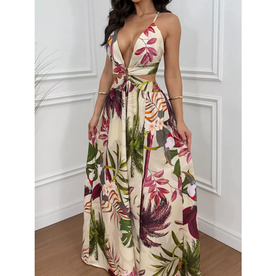 Tropical Print Plunge Cutout Slit Maxi Dress Apparel and Accessories
