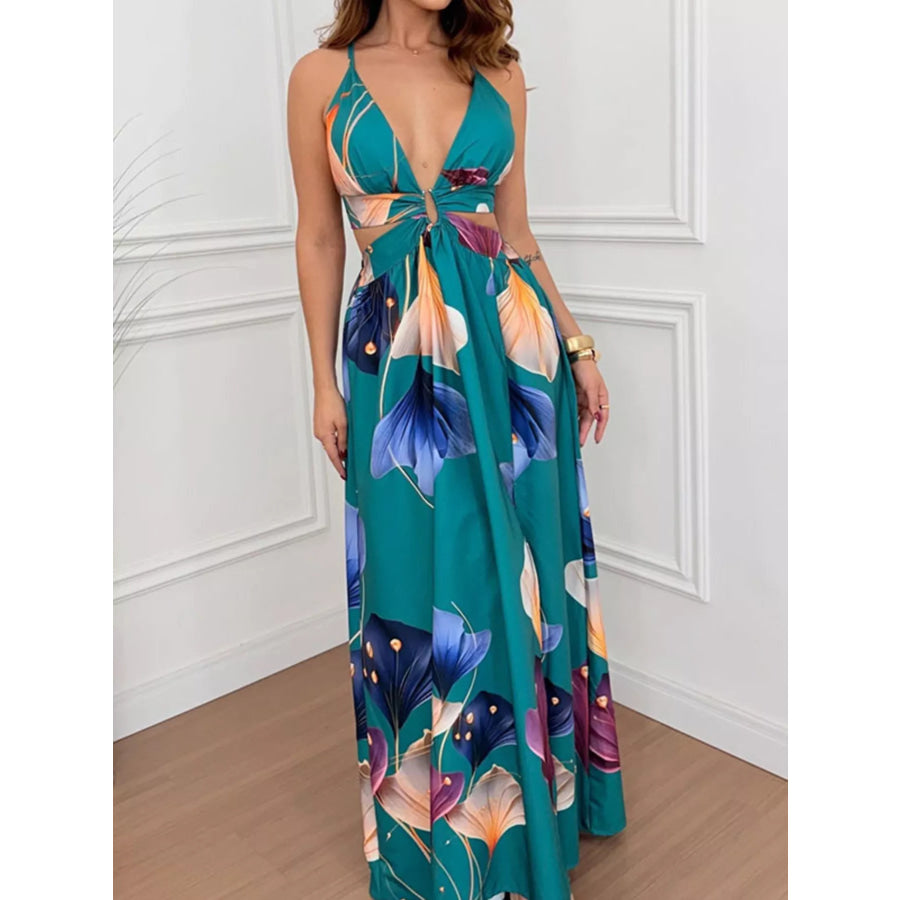 Tropical Print Plunge Cutout Slit Maxi Dress Teal / S Apparel and Accessories