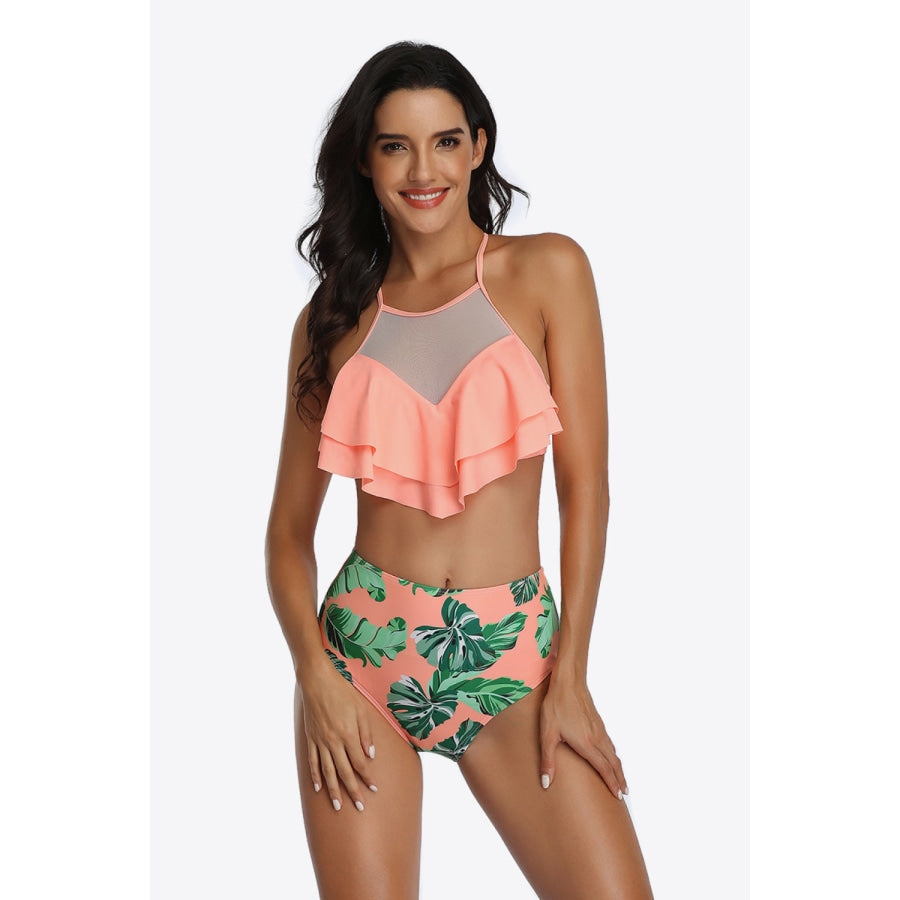 Tropical Print Ruffled Two-Piece Swimsuit Coral / S
