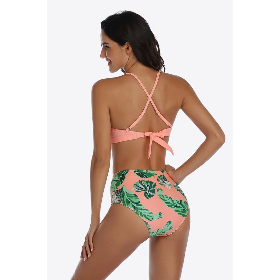 Tropical Print Ruffled Two-Piece Swimsuit Coral / S