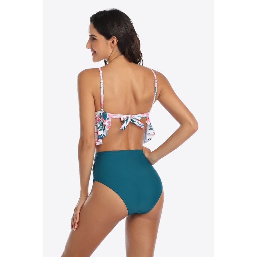 Tropical Print Ruffled Two-Piece Swimsuit Teal / S