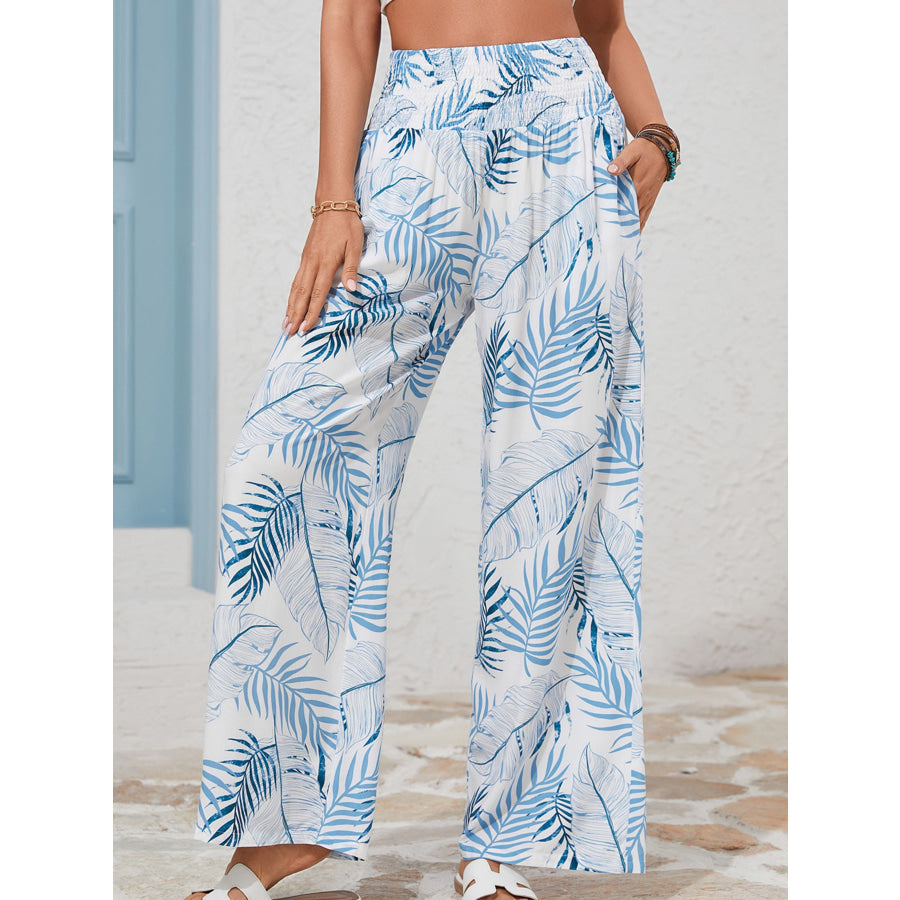 Tropical Print Shirred Waistband Wide Leg Pants Apparel and Accessories