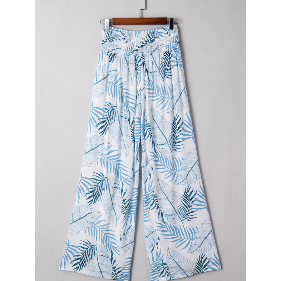 Tropical Print Shirred Waistband Wide Leg Pants Apparel and Accessories