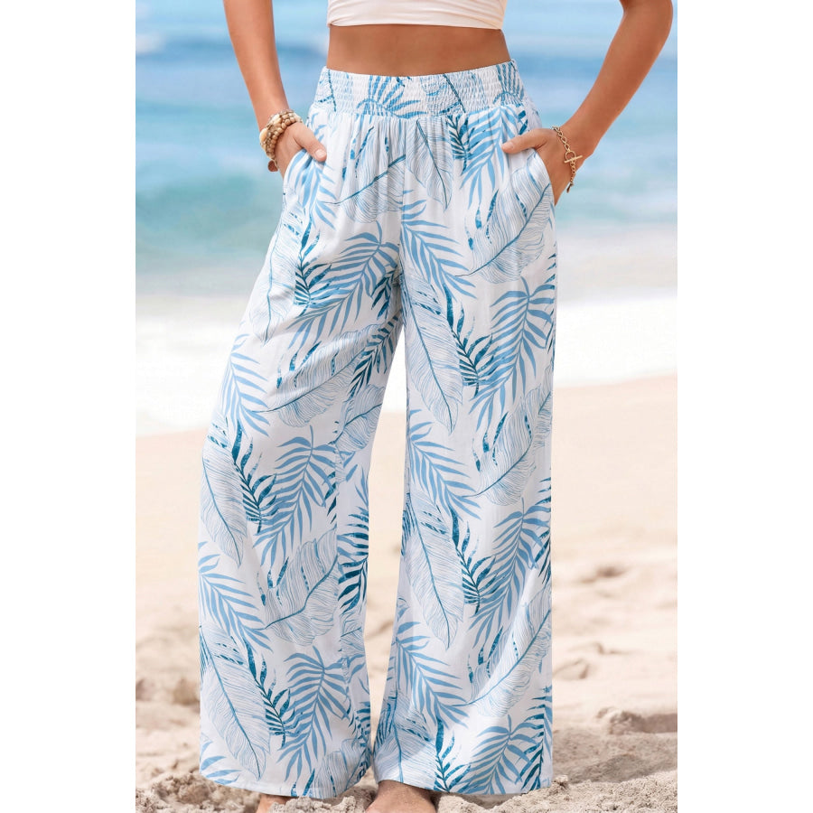 Tropical Print Shirred Waistband Wide Leg Pants Apparel and Accessories