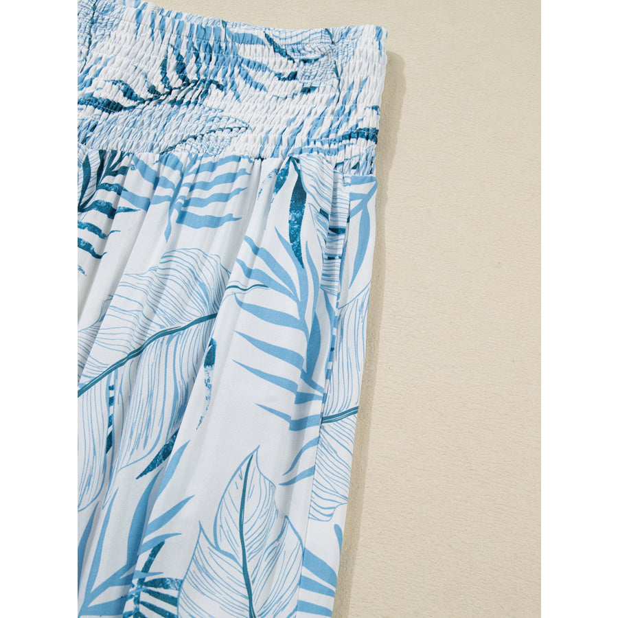 Tropical Print Shirred Waistband Wide Leg Pants Apparel and Accessories