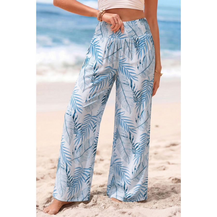Tropical Print Shirred Waistband Wide Leg Pants Apparel and Accessories