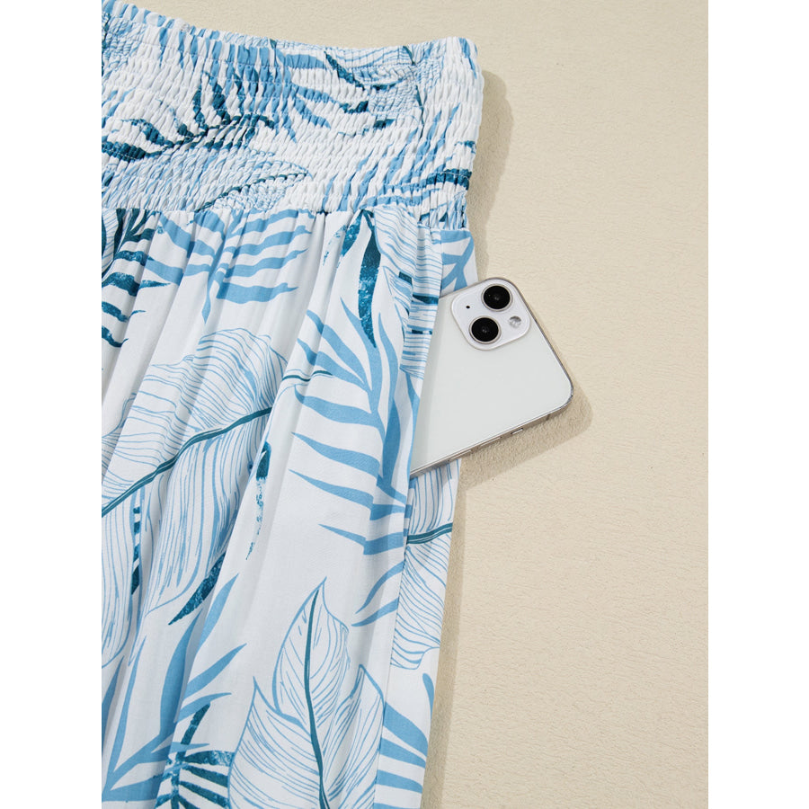 Tropical Print Shirred Waistband Wide Leg Pants Apparel and Accessories