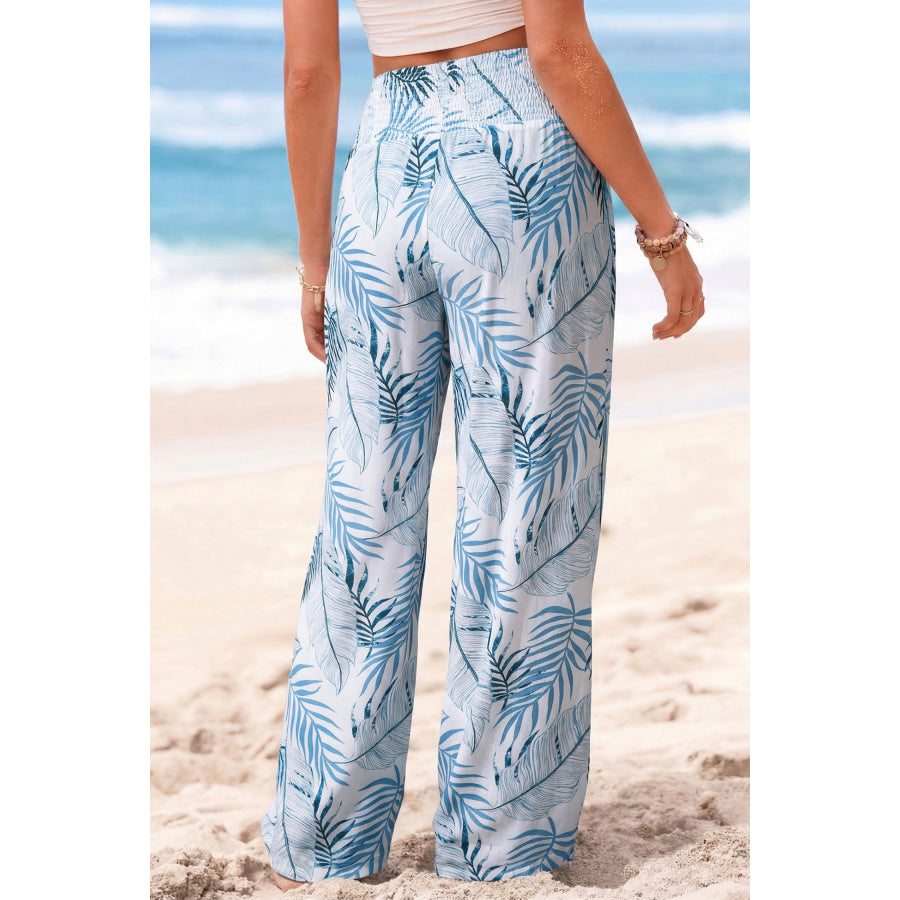 Tropical Print Shirred Waistband Wide Leg Pants Apparel and Accessories