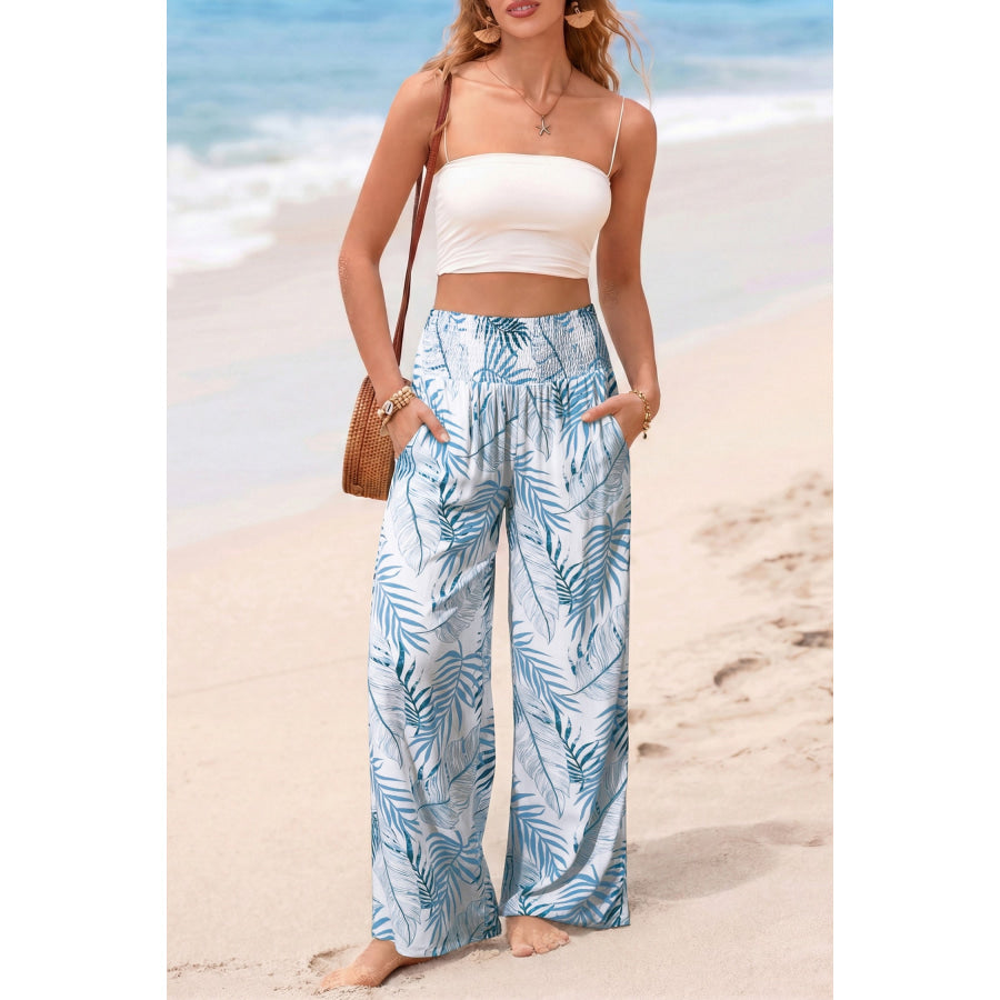 Tropical Print Shirred Waistband Wide Leg Pants Apparel and Accessories