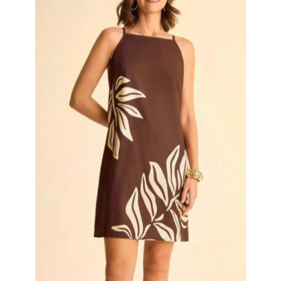Tropical Print Sleeveless Mini Dress Brown / S Apparel and Accessories