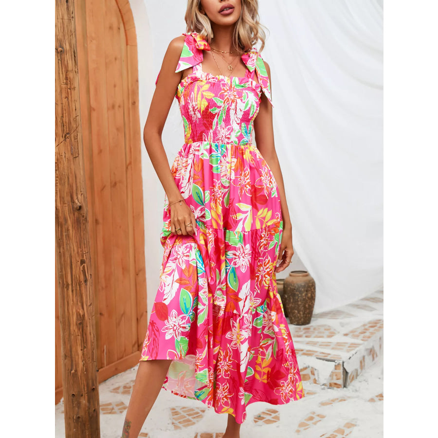 Tropical Print Smocked Tie-Strap Dress Apparel and Accessories