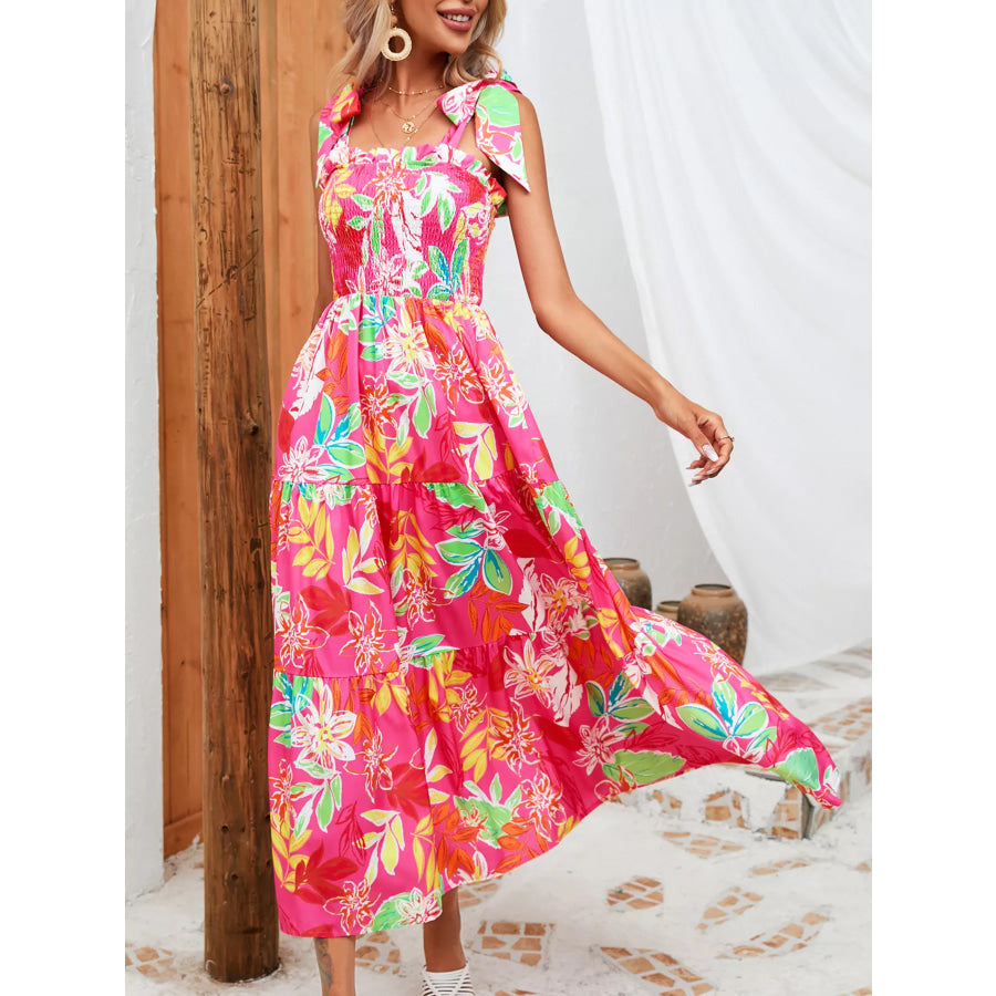 Tropical Print Smocked Tie-Strap Dress Apparel and Accessories