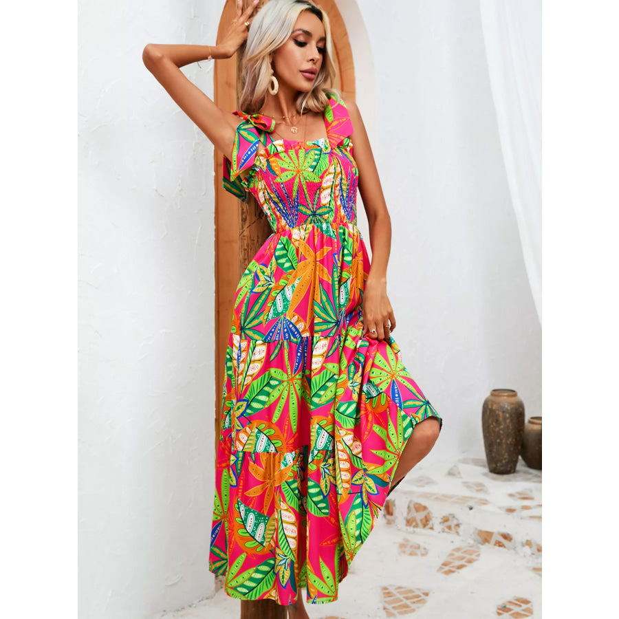 Tropical Print Smocked Tie-Strap Dress Apparel and Accessories