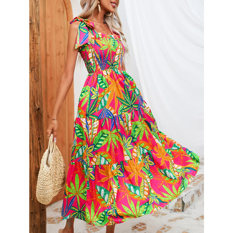 Tropical Print Smocked Tie-Strap Dress Apparel and Accessories