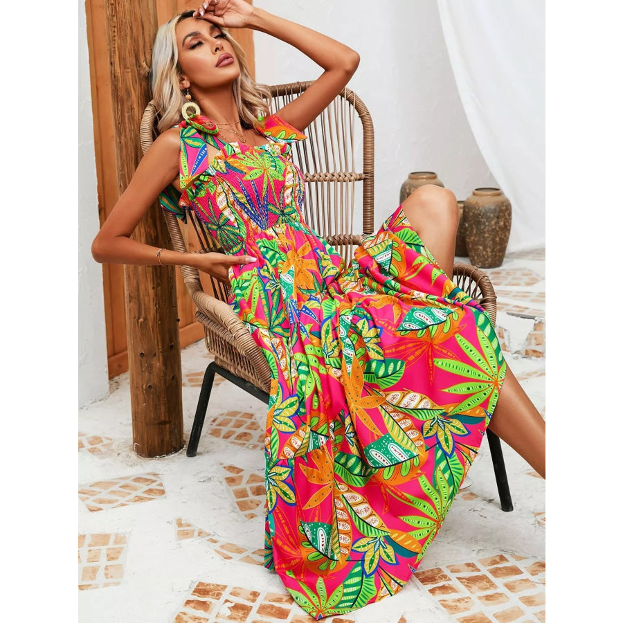Tropical Print Smocked Tie-Strap Dress Apparel and Accessories