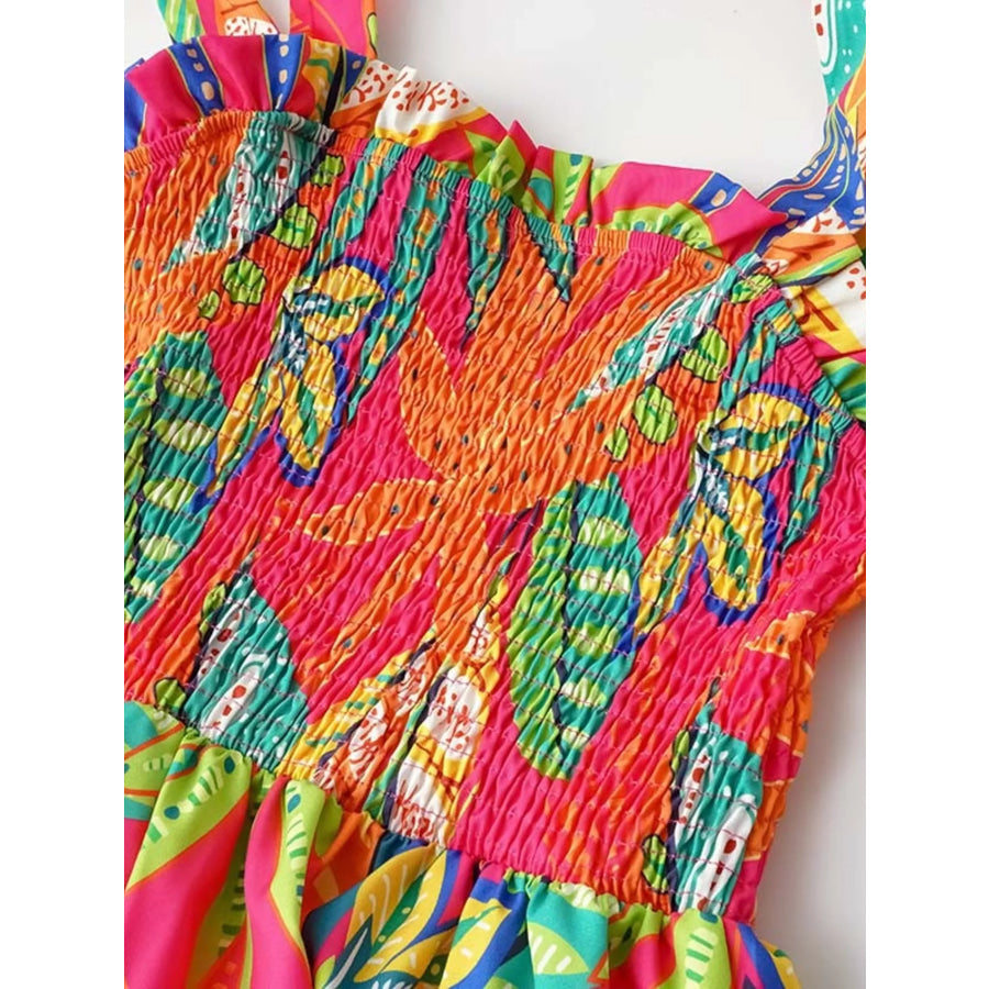 Tropical Print Smocked Tie-Strap Dress Apparel and Accessories