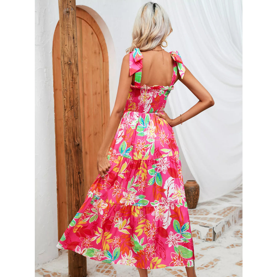 Tropical Print Smocked Tie-Strap Dress Apparel and Accessories