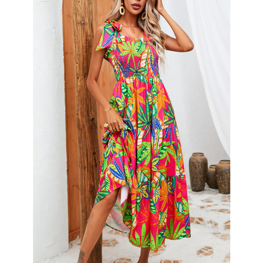 Tropical Print Smocked Tie-Strap Dress Apparel and Accessories