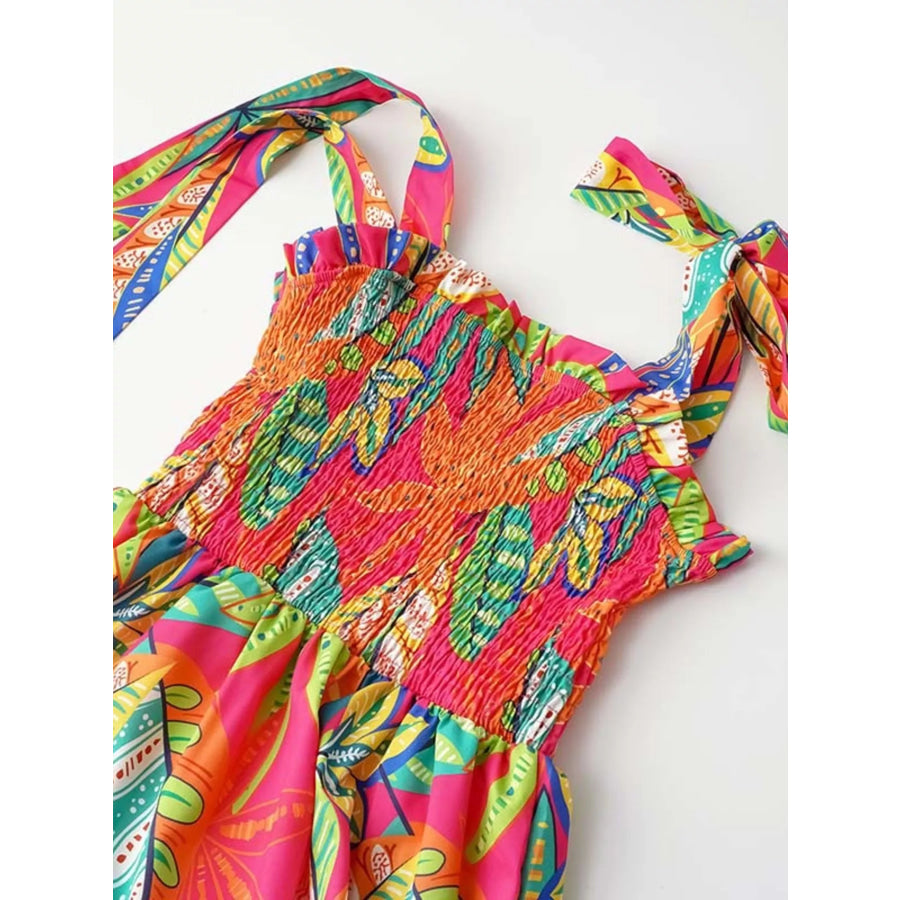 Tropical Print Smocked Tie-Strap Dress Apparel and Accessories