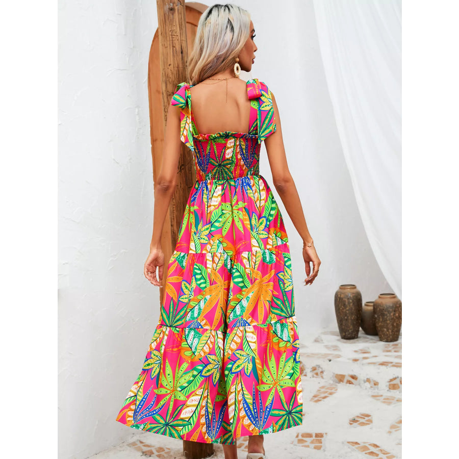 Tropical Print Smocked Tie-Strap Dress Apparel and Accessories
