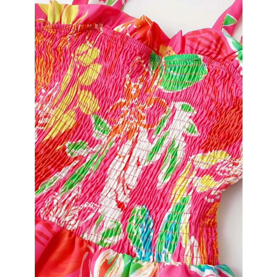 Tropical Print Smocked Tie-Strap Dress Apparel and Accessories