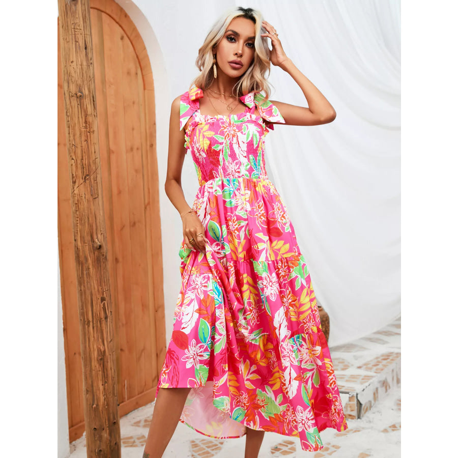 Tropical Print Smocked Tie-Strap Dress Apparel and Accessories