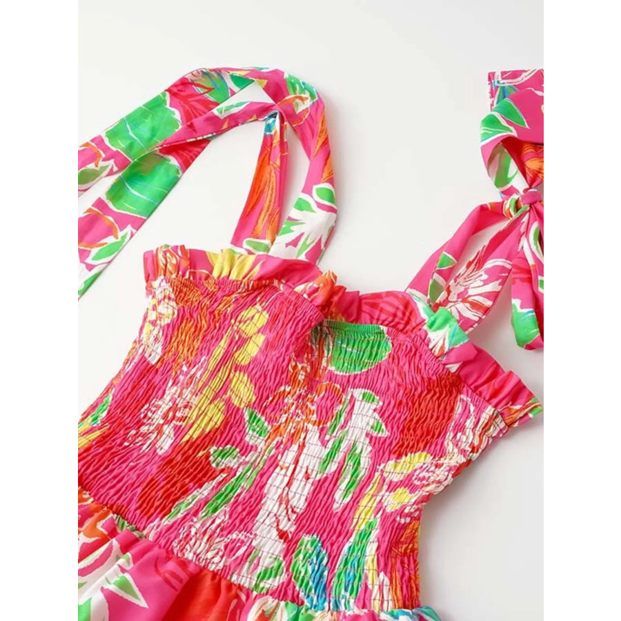 Tropical Print Smocked Tie-Strap Dress Apparel and Accessories