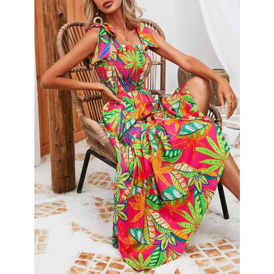 Tropical Print Smocked Tie-Strap Dress Green / S Apparel and Accessories