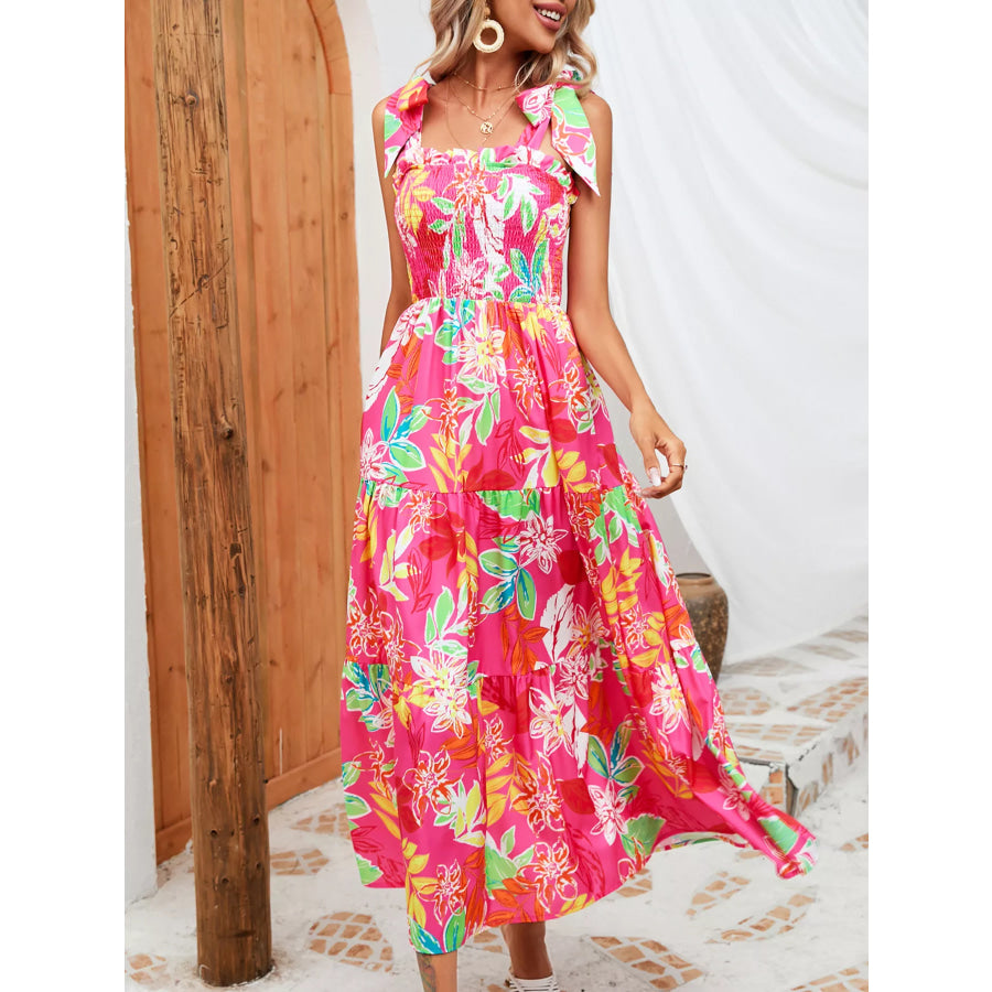 Tropical Print Smocked Tie-Strap Dress Strawberry / S Apparel and Accessories