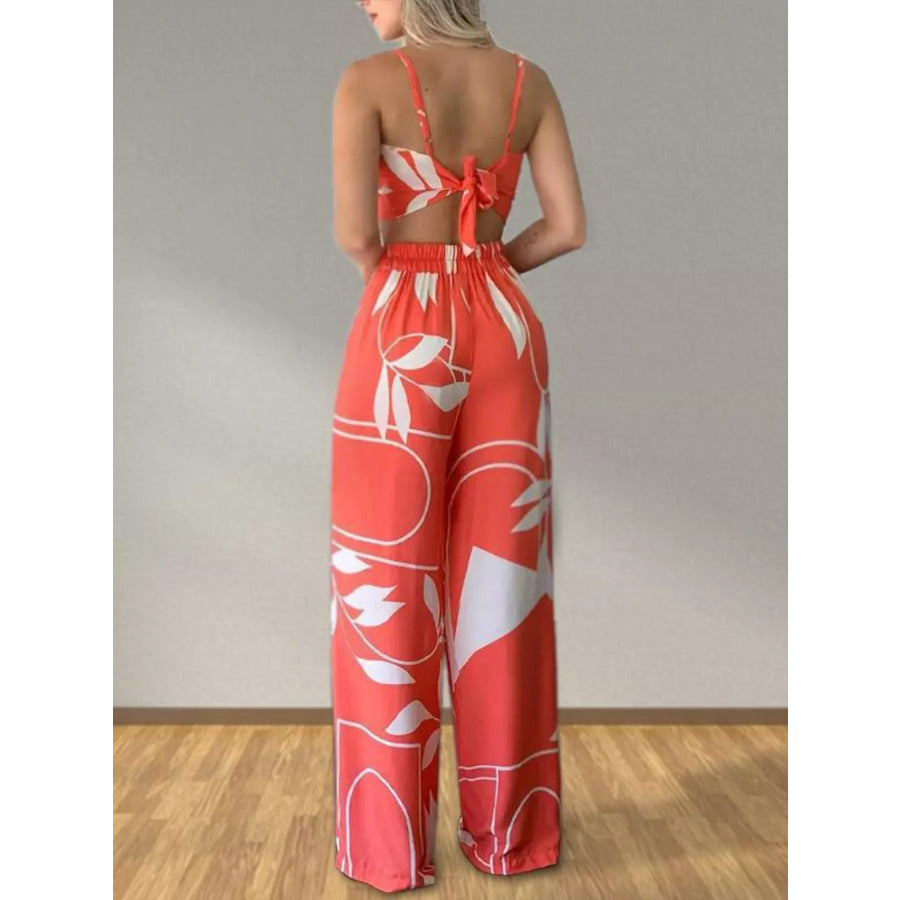 Tropical Print Spaghetti Strap Crop Top and Wide Leg Pants Set Apparel and Accessories