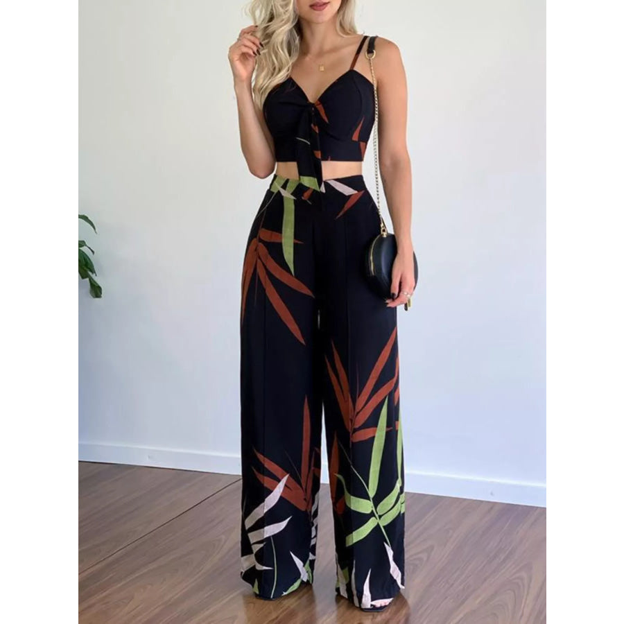 Tropical Print Spaghetti Strap Crop Top and Wide Leg Pants Set Black / S Apparel and Accessories