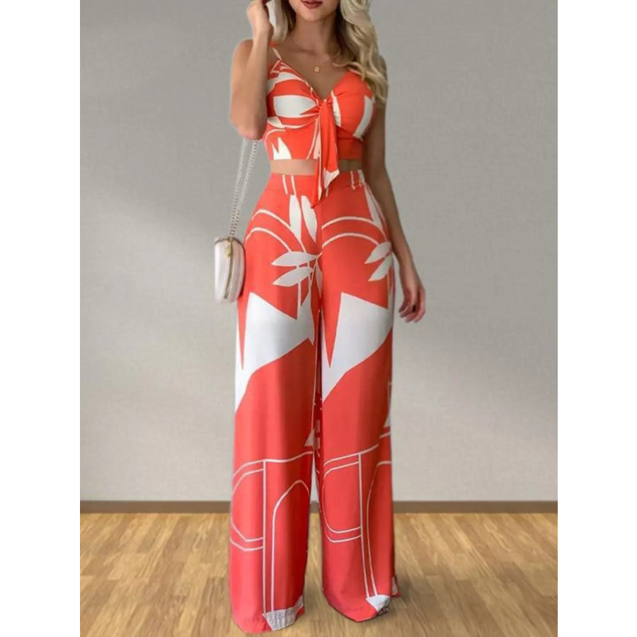 Tropical Print Spaghetti Strap Crop Top and Wide Leg Pants Set Orange / S Apparel and Accessories