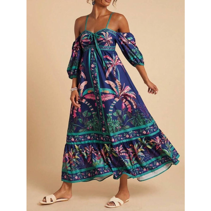 Tropical Print Spaghetti Strap Maxi Dress Dark Blue / S Apparel and Accessories