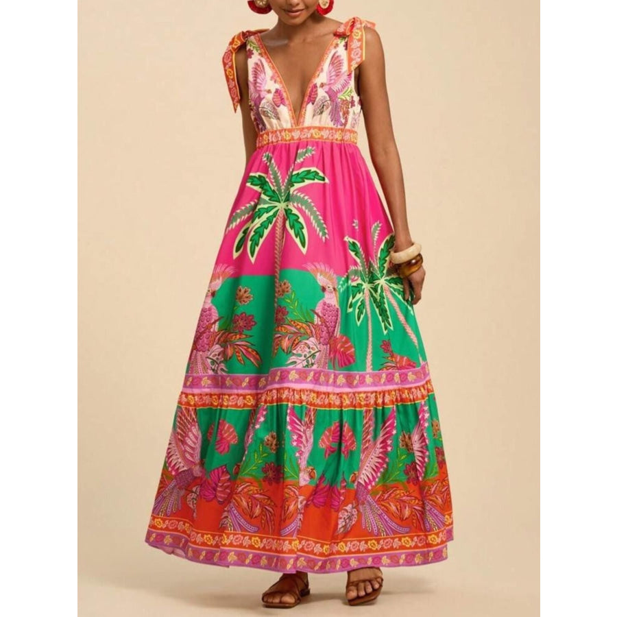 Tropical Print Tie-Shoulder Maxi Dress Hot Pink / S Apparel and Accessories