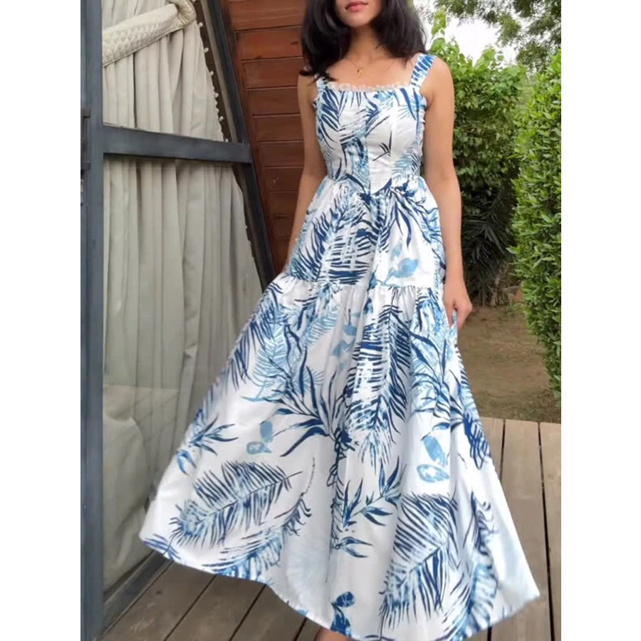 Tropical Print Tiered Maxi Dress Blue / S Apparel and Accessories