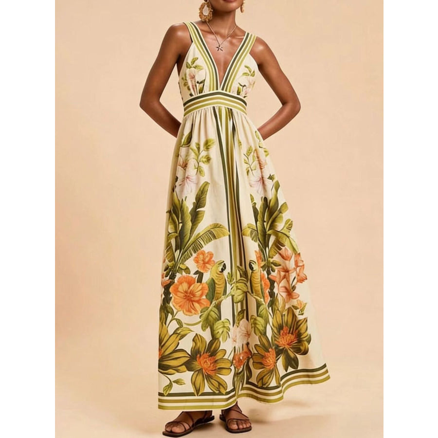 Tropical Print V-Neck Maxi Dress Apparel and Accessories