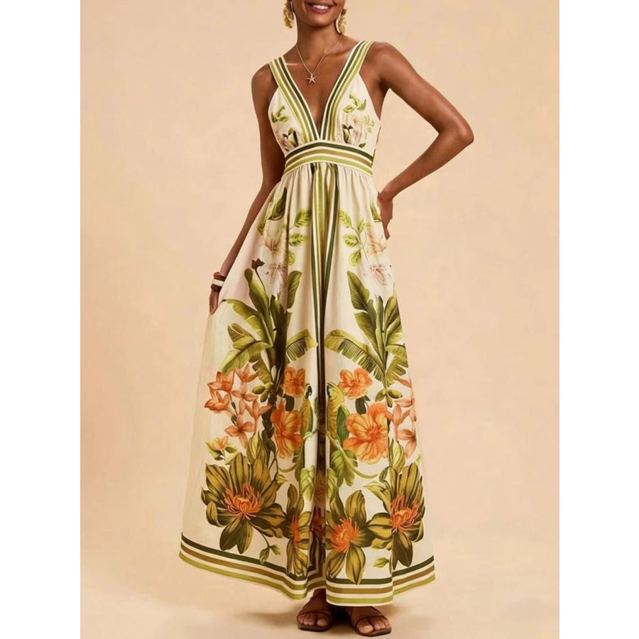 Tropical Print V-Neck Maxi Dress Sage / S Apparel and Accessories