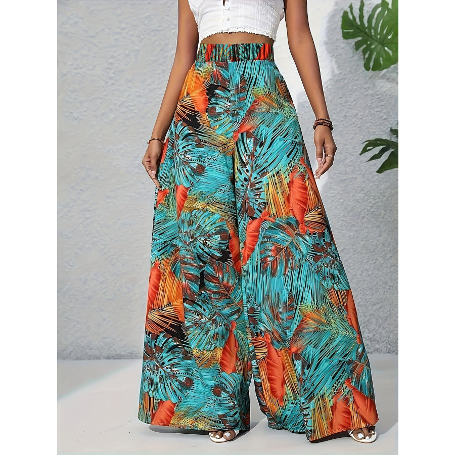 Tropical Print Wide Leg Pants Teal / S Apparel and Accessories