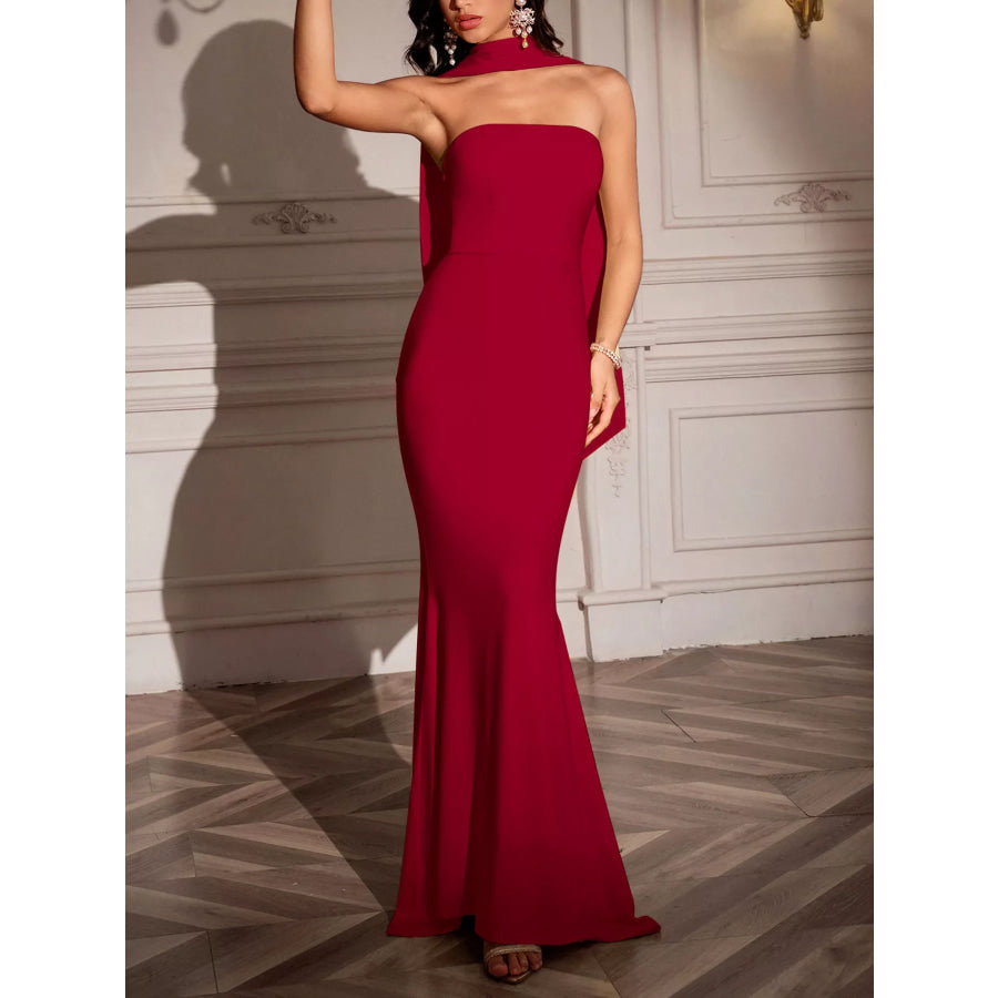 Tube Mermaid Maxi Dress with Scarf Detail Red / XS Apparel and Accessories