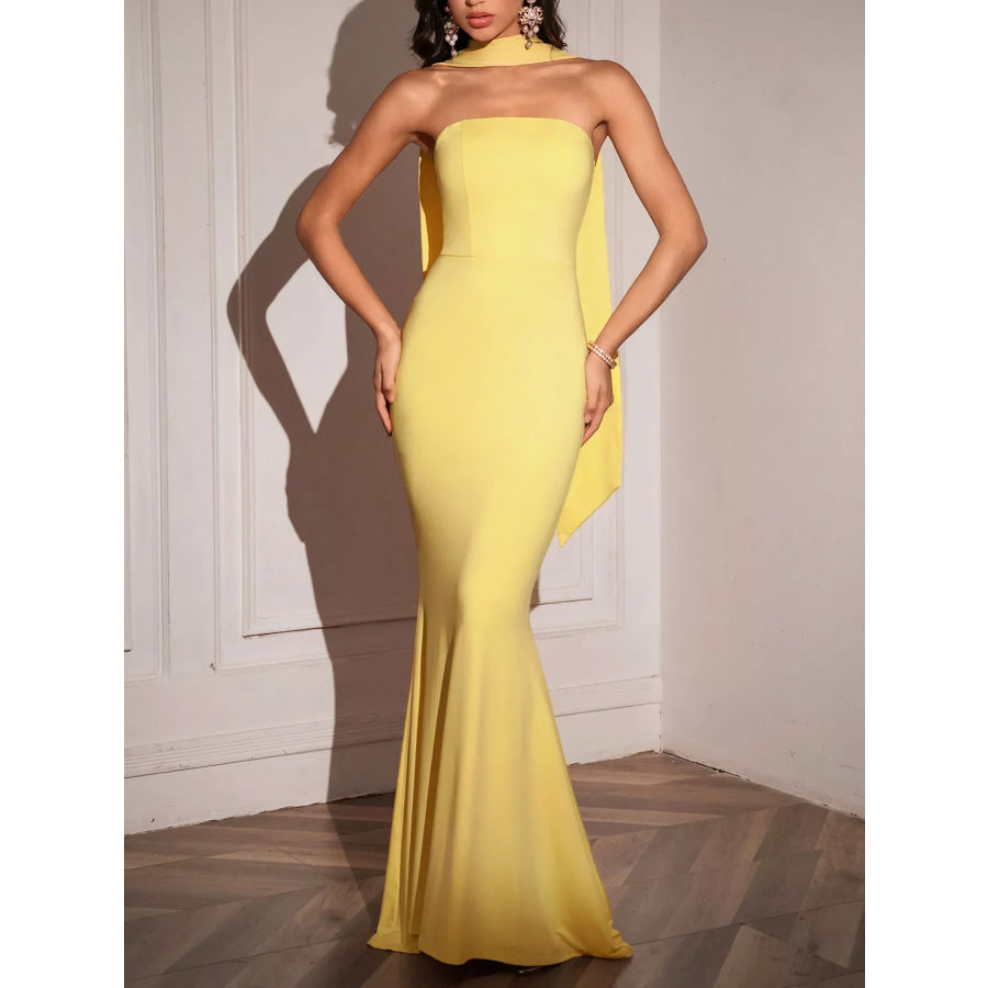 Tube Mermaid Maxi Dress with Scarf Detail Yellow / XS Apparel and Accessories