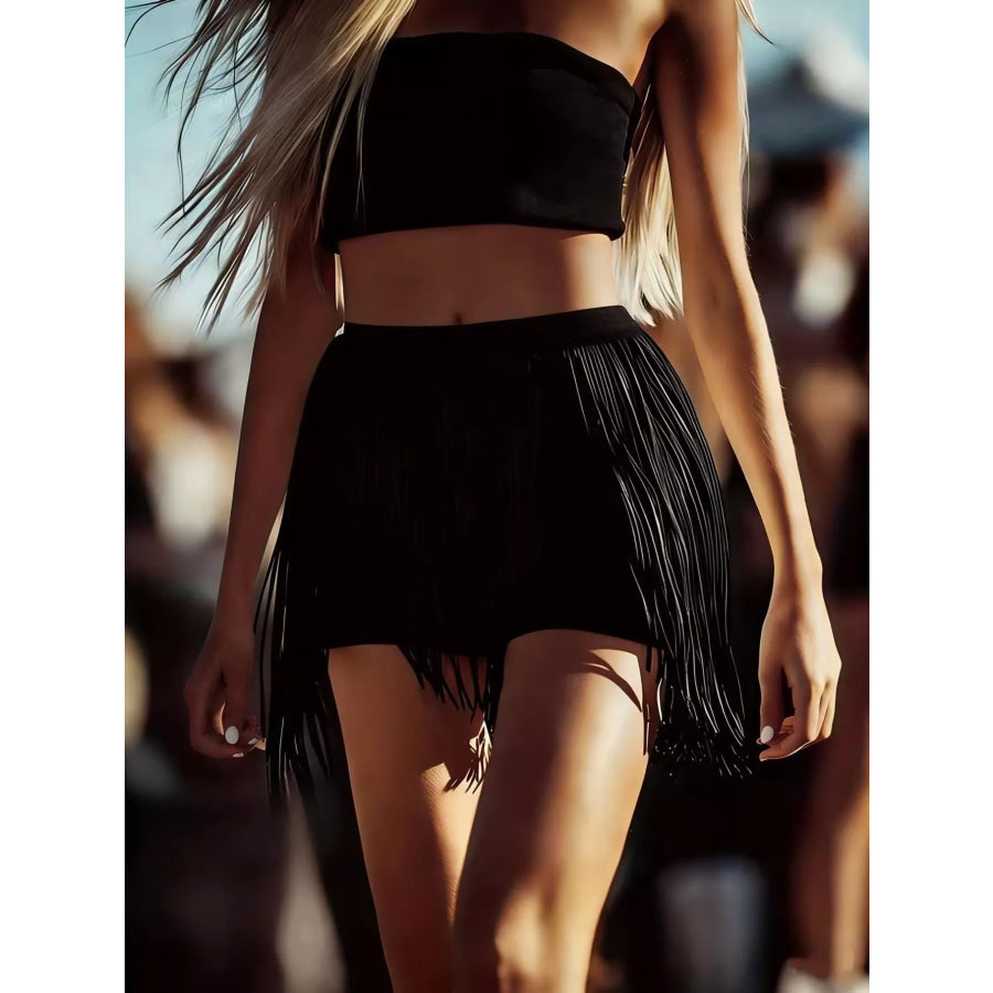 Tube Top and Fringe Shorts Set Black / S Apparel and Accessories