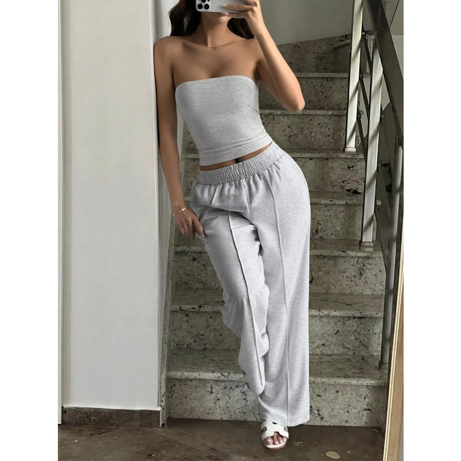 Tube Top and Wide Leg Pants Set Light Gray / S Apparel and Accessories