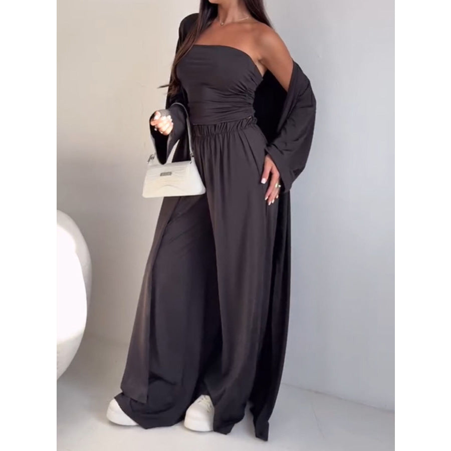 Tube Top & Cardigan & Pants Three Piece Set Black / S Apparel and Accessories