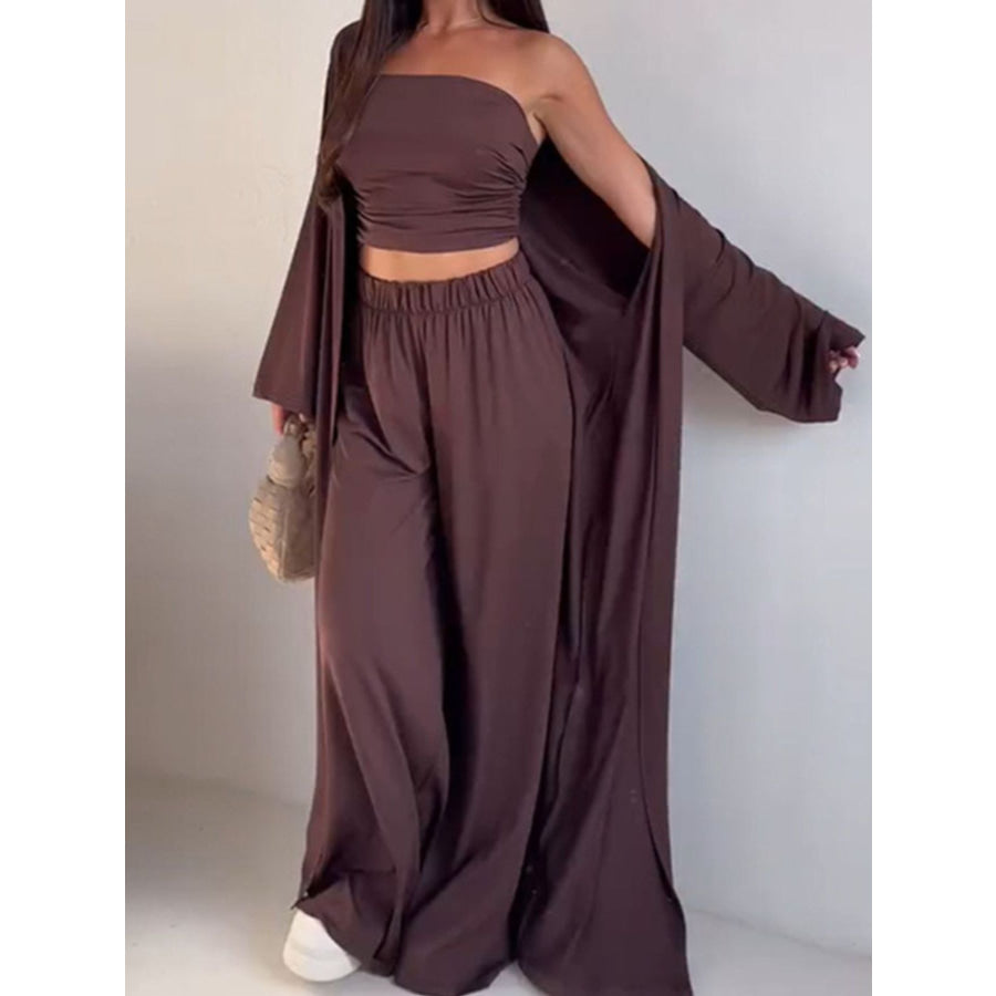 Tube Top & Cardigan & Pants Three Piece Set Dark Brown / S Apparel and Accessories