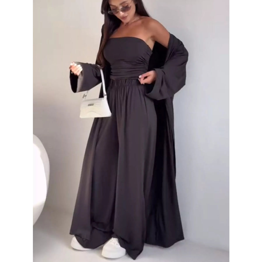 Tube Top & Cardigan & Wide Leg Pants 3-Piece Set Apparel and Accessories