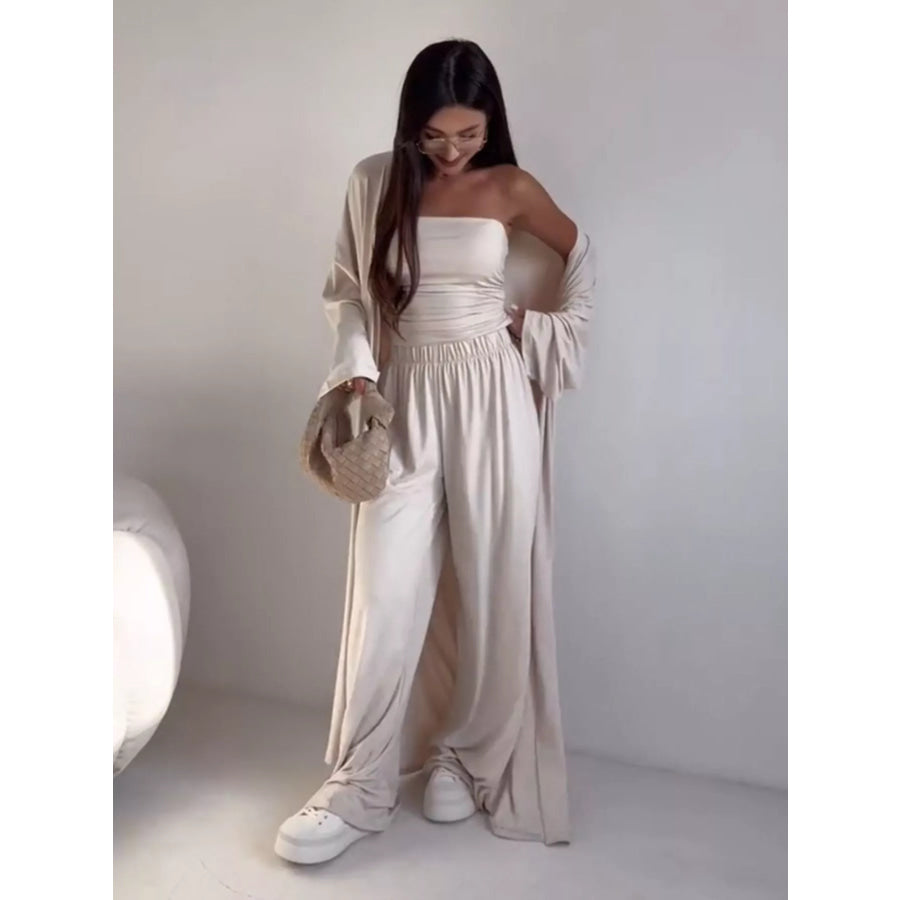 Tube Top & Cardigan & Wide Leg Pants 3-Piece Set Apparel and Accessories
