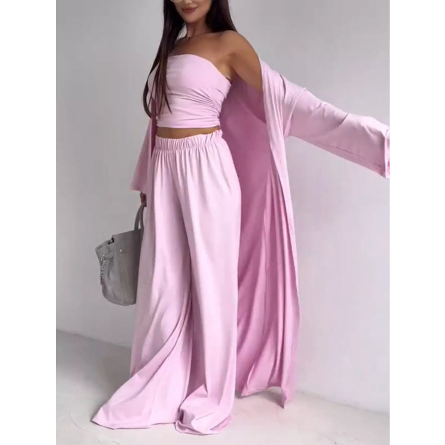 Tube Top & Cardigan & Wide Leg Pants 3-Piece Set Apparel and Accessories
