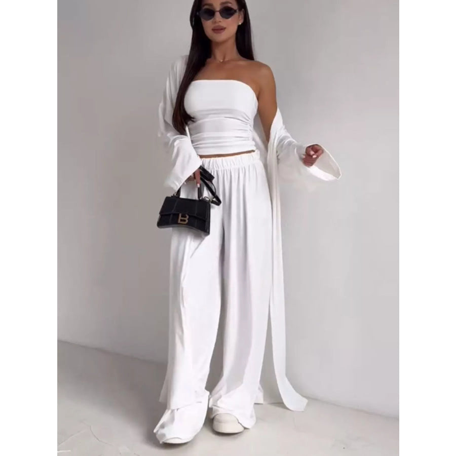 Tube Top & Cardigan & Wide Leg Pants 3-Piece Set Apparel and Accessories