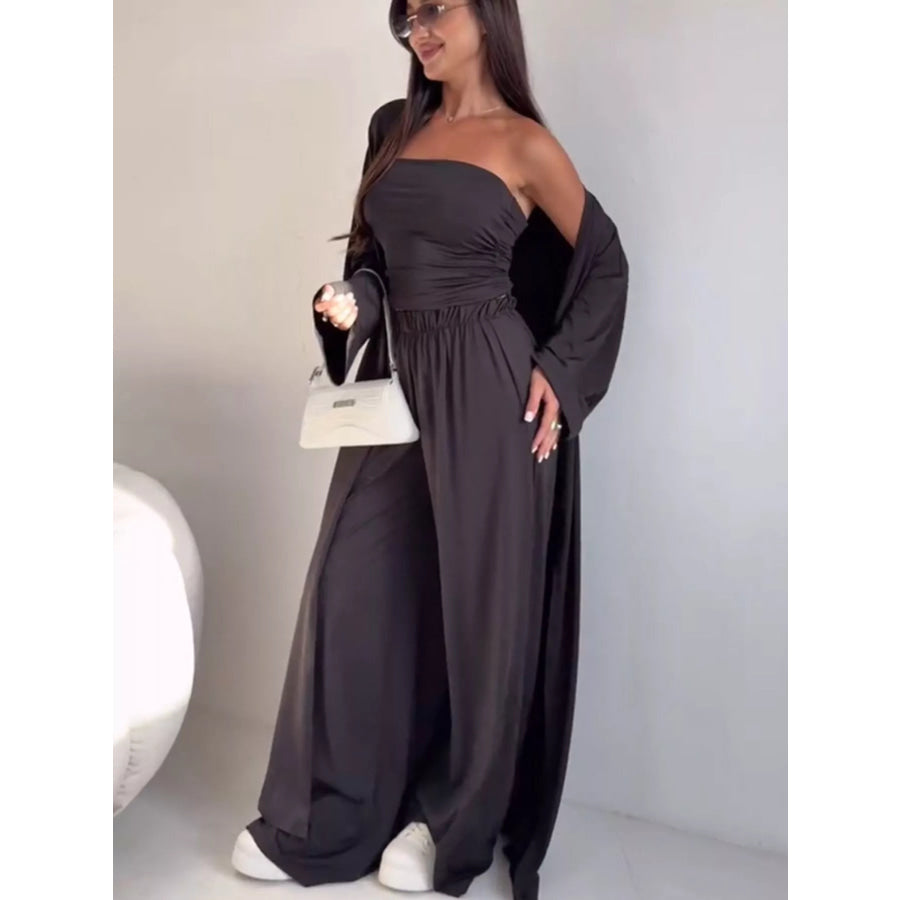 Tube Top & Cardigan & Wide Leg Pants 3-Piece Set Dark Gray / S Apparel and Accessories