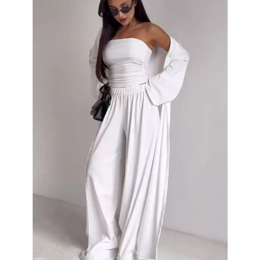 Tube Top & Cardigan & Wide Leg Pants 3-Piece Set White / S Apparel and Accessories